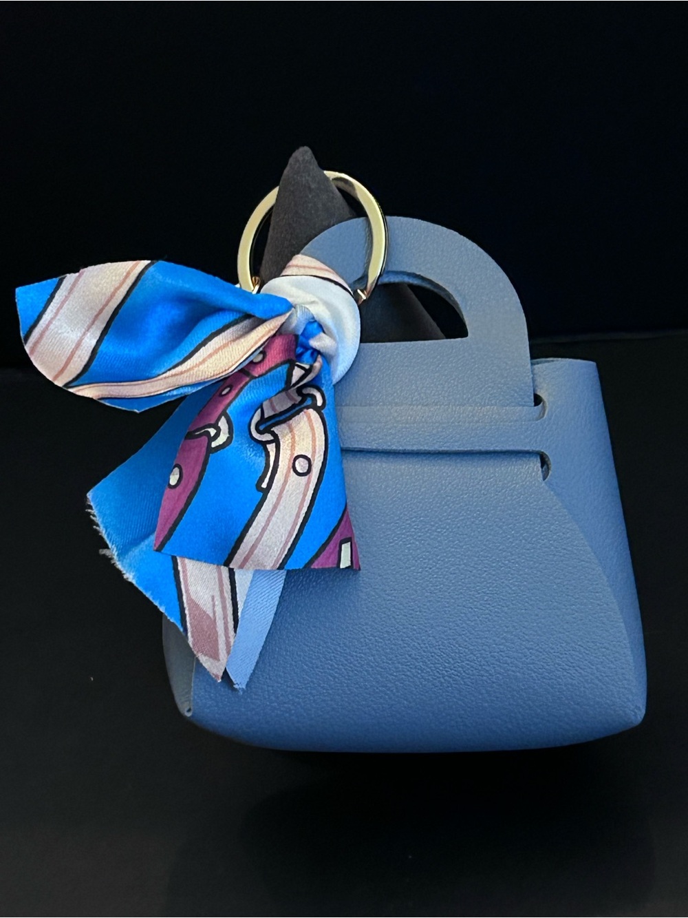 Dusty Blue Faux Leather Mini Top-Handle Bag Charm Keychain with Scarf Accent NEW
